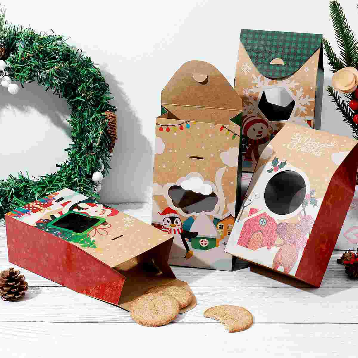 Hemoton 16pcs Christmas Cookie Boxes Kraft Paper Boxes 4 Patterns Gift Boxes Candies Boxes for Christmas Party Holidays Banquets