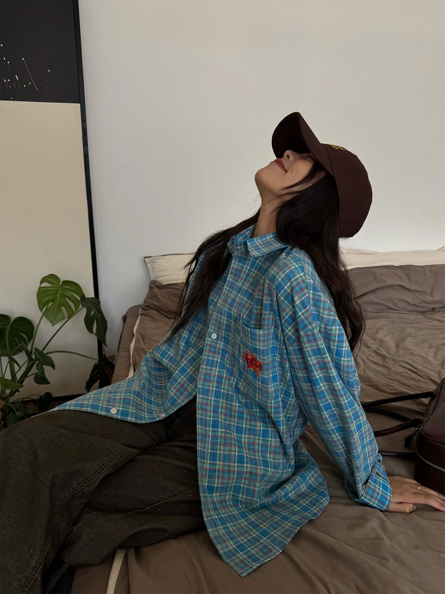 

NIDEBLA Korean Sle Long Sve Embroidered Loose Women's irt Spring Autumn Plaid Versatile Top Breathable Cotton