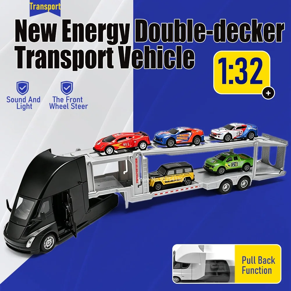 1:32 Scale Double-decker Transport Car Model Toy Doors Opened Sound Light Models Pull Back Shock Absorption Vehicle Special Gift