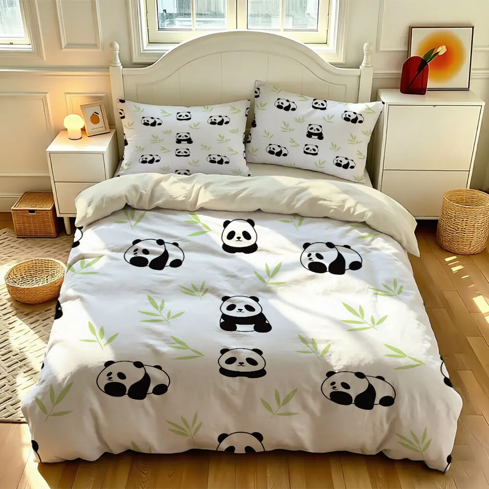 3Pcs Cartoon Panda Bamboo Leaf Print Bedding Set Duvet Cover Without Filler 2 Pillowcases Soft Comfortable Machine Washable B