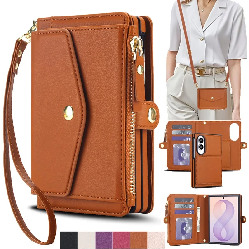 Crossbody Leather Wallet Phone Case for Samsung Galaxy Z Fold 8 Fold8 Zipper Flip Card Stand Holder Funda Cover Hoesje Coque Bag