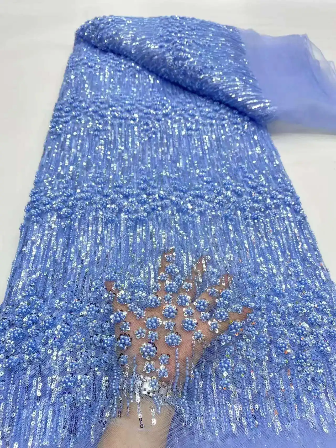 

2025 African Lace Fabric Sequins Beaded Embroidery Groom Nigerian Bridal High Quality French Tulle Lace Fabric For Dress