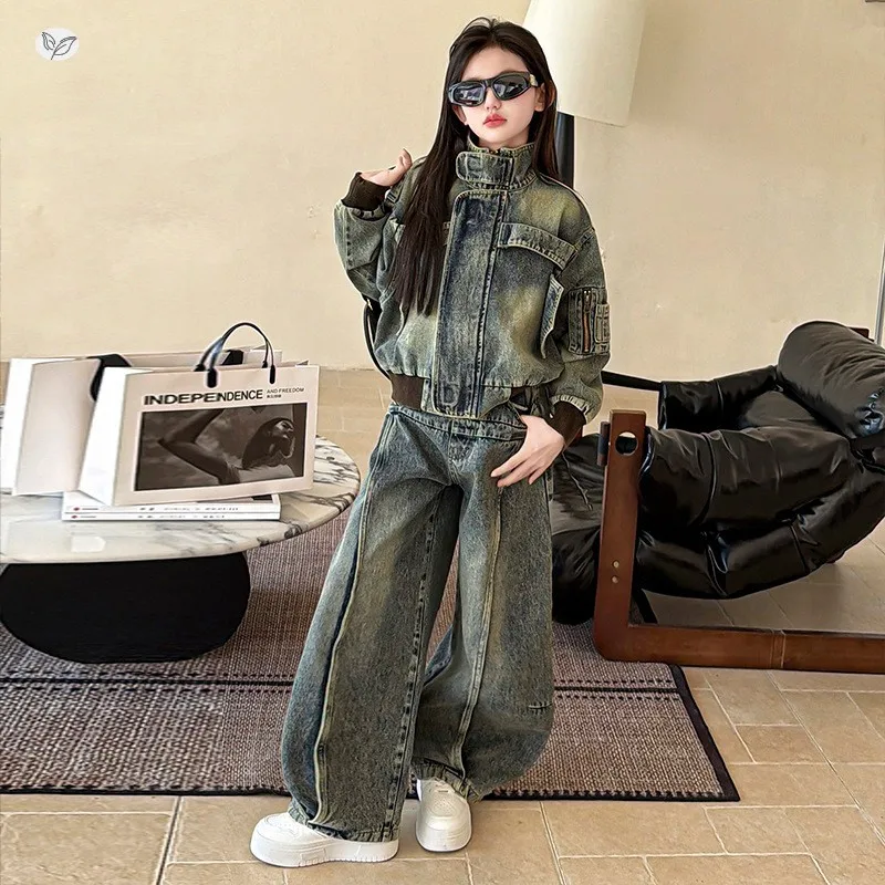 American Retro Denim Set for Girls  2026 Spring New Style Buttoned Collar Coat and Floor-Length Pants Set5-13Y