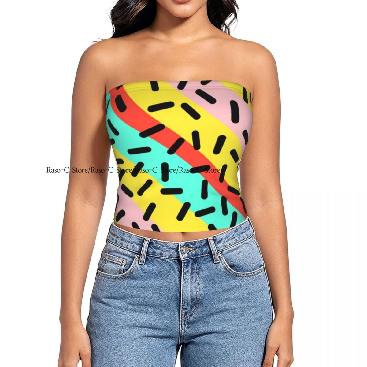 Women strapless blouses sleeveless Retro Geometric Memphis Style halter-neck sexy short-sleeved blouses