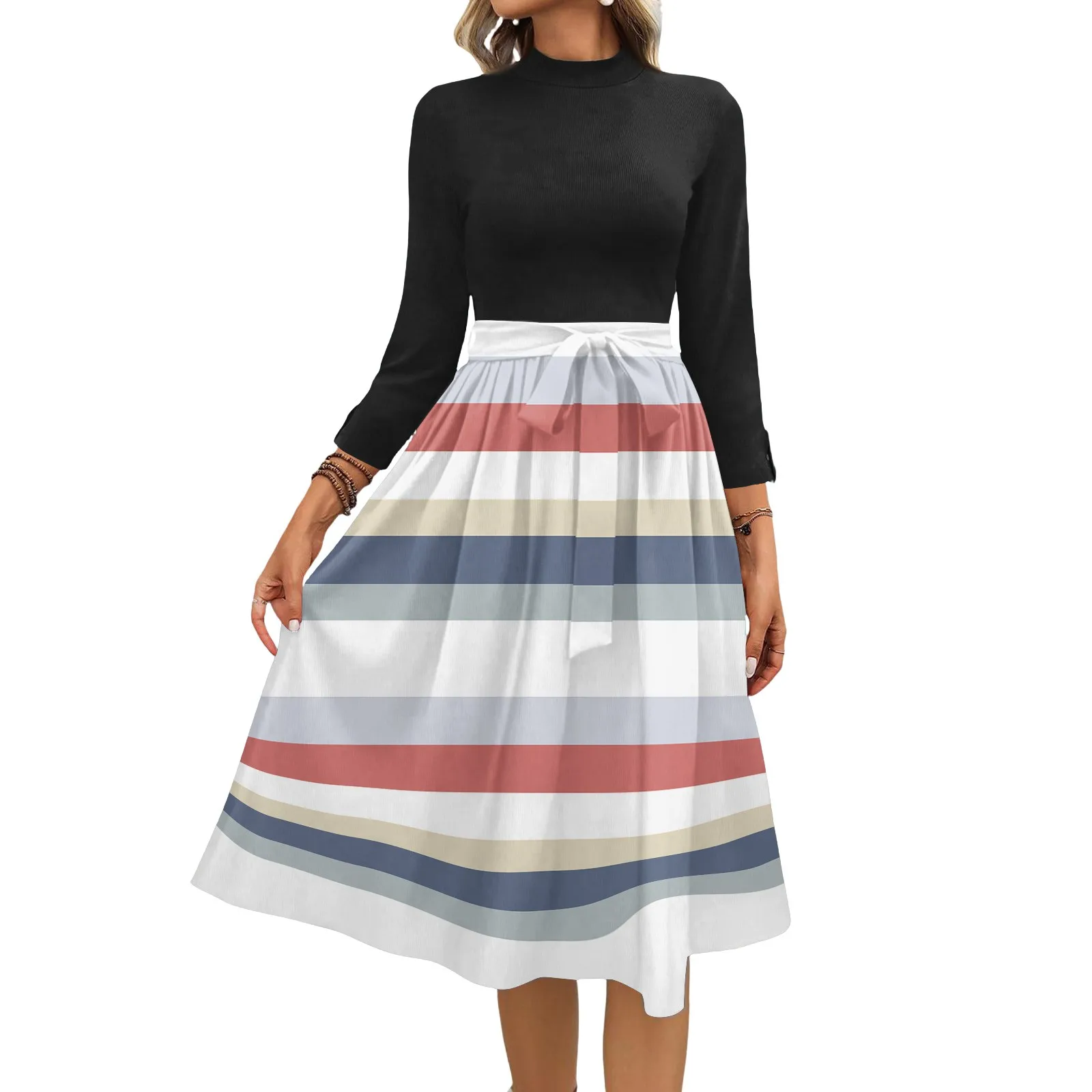 Damesmode Casual Riem Zeven Mouw Ronde Hals Bloemen Temperament Jurken Vestidos Para Mujer Vrouwelijke Jurk Y2k Traf Nieuwe