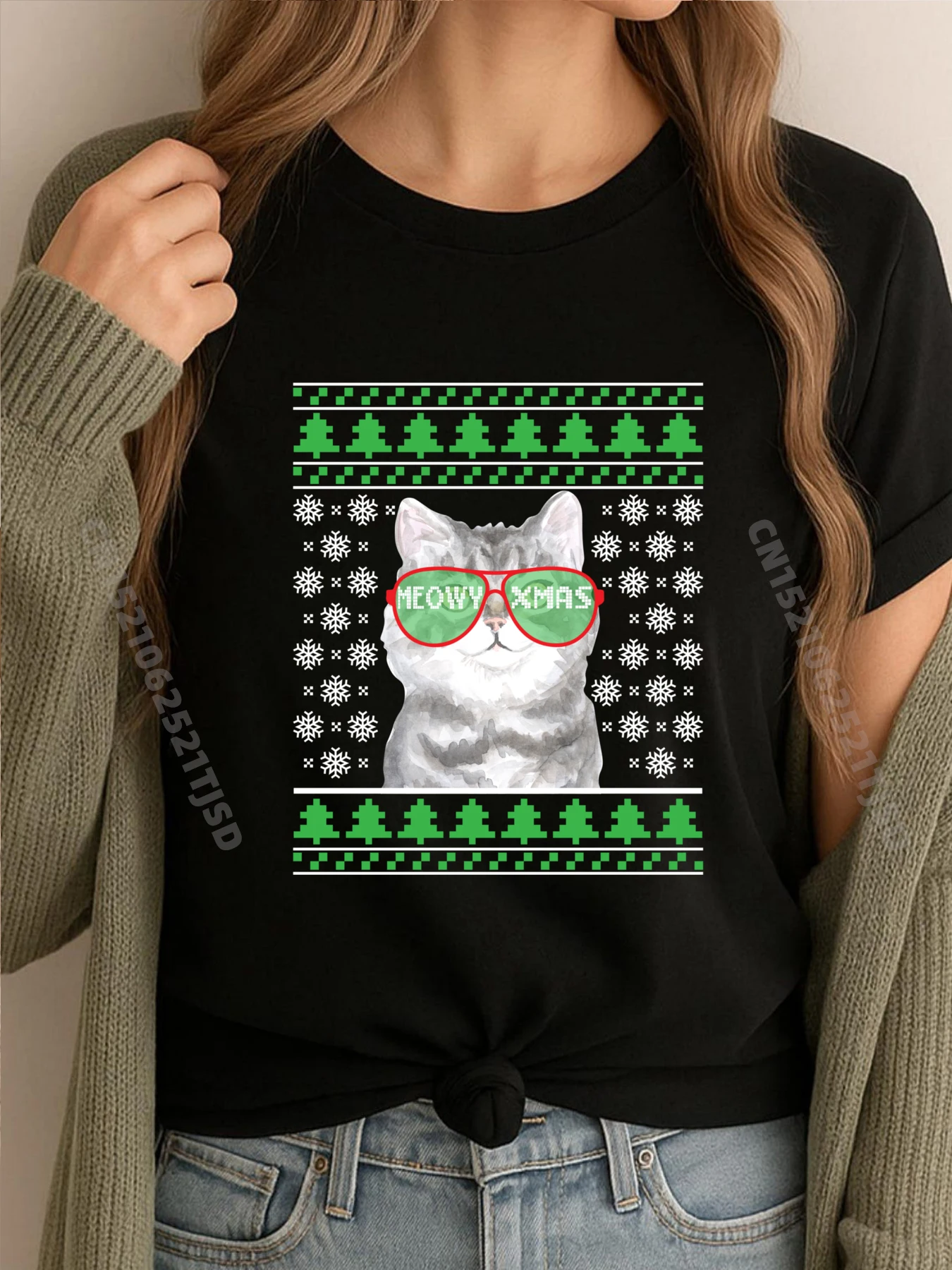 

Cat With Sunglasses Meowy Ugly Christmas Sweater Designer Clothes Woman Luxury T-Shirt Harajuku