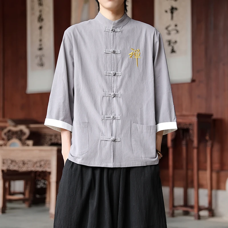 

Elegant Chinese Style Frog Clasp Shirt with Zen Calligraphy Embroidery | 2025 New Arrival Boho Chic Men's Women's Top Plus Size