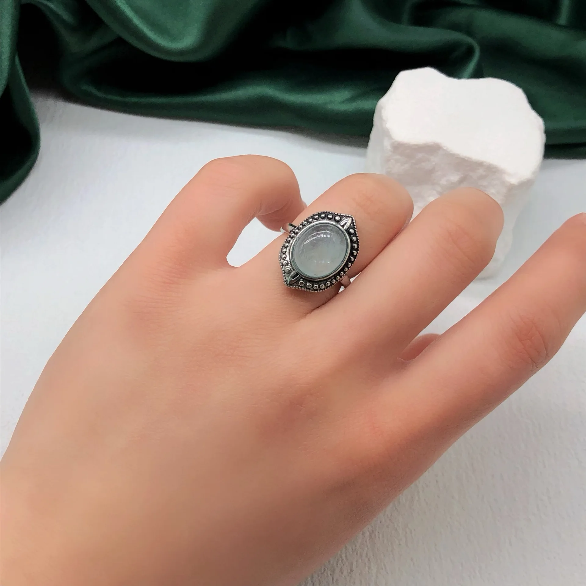 Natural aquamarine antique silver ring, Greek trend ancient ring, retro and old female opening index finger to keep wealth and s