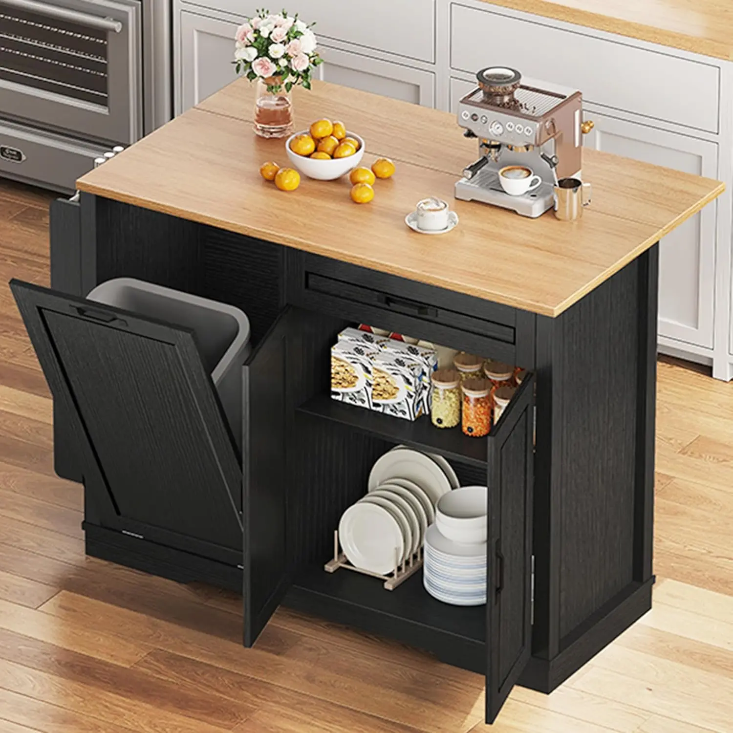 50 Inch Rolling Kitchen Island with Trash Can Storage Cabinet & Drop Leaf, Portable Mobile Islands Table Long Floating Movable