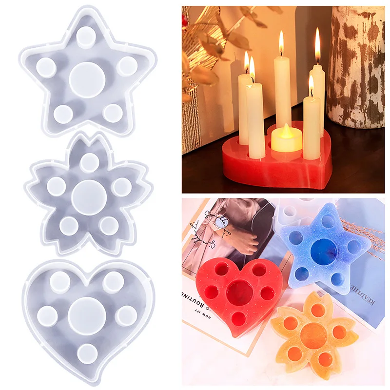 Love Peach Heart Pentagram Flower Aromatherapy Ornament Table Setting Mold Drip Glue Porous Candle Candlestick Silicone Moulds