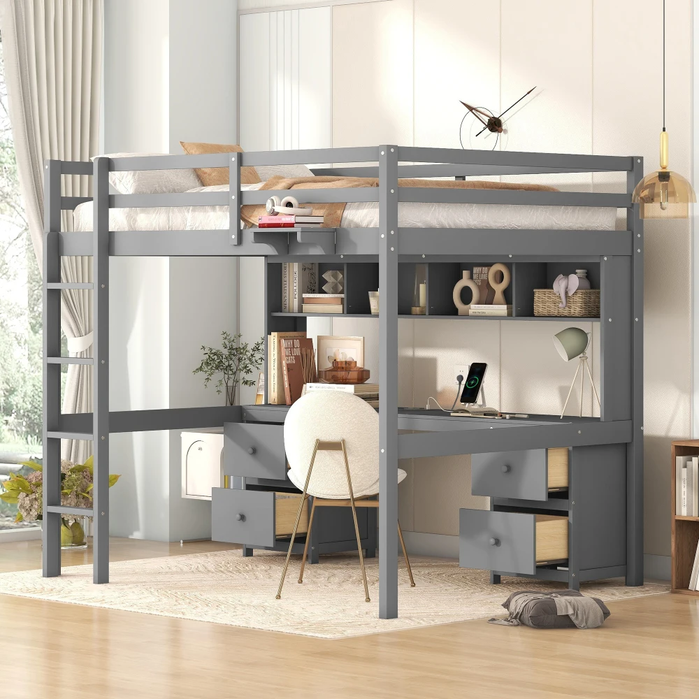 

Full Size Loft Bed with Desk, Cabinets, Drawers and Bedside Tray, Charging Station, Gray