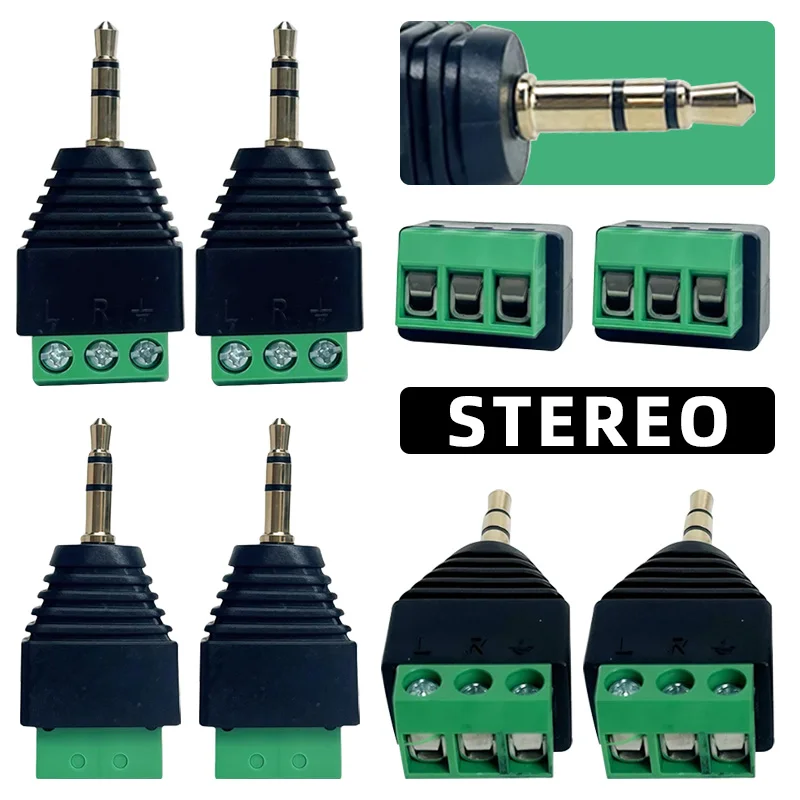 4Pcs Stereo Male Plug to 3 Pin Screw Terminal Block Adapter Audio Connector for AV Video Audio CCTV Wiring