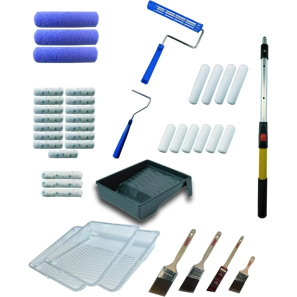 

42 Piece Interior Painting Tool Kit with Telescoping Extension Pole Angle Brushes Roller Frame Covers Tray and Liners