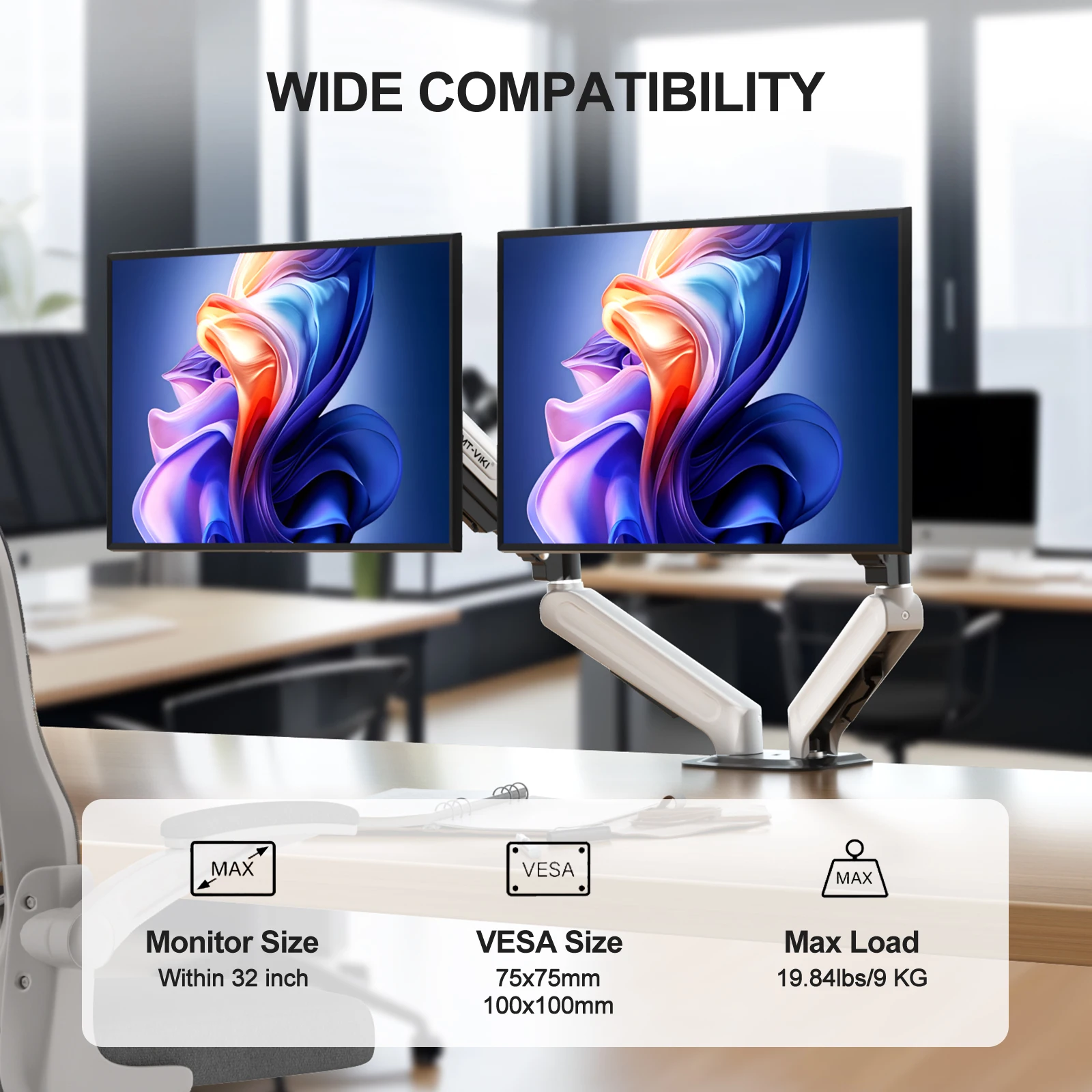 MT-VIKI Dual Monitor Stand, Adjustable Monitor Desk Mount for 13 to 32 inch Computer Screens, Full Motion VESA 75x75 100x100
