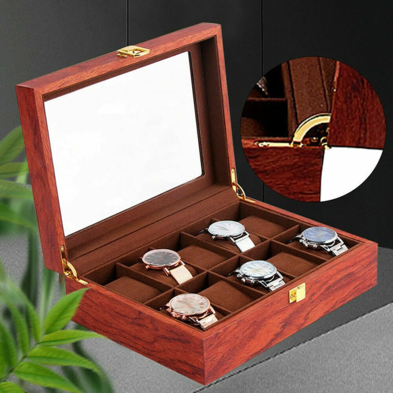 Wooden Watch Box Glass Top Vintage Jewelry Storage Box Display Stand with 10/12 Slots