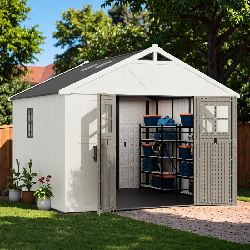 Lockable Resin Shed with Windows, 10x10 Outdoor Storage with Floor, Weatherproof Tool Shed for Lawn, Patio, Pool (Beige)