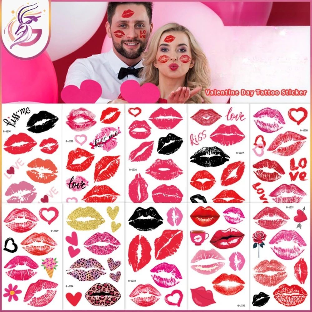 Valentine's Day Temporary Tattoos Set Red Heart Lips Design Romantic Love Face Body Waterproof Stickers for Party Wedding Dating