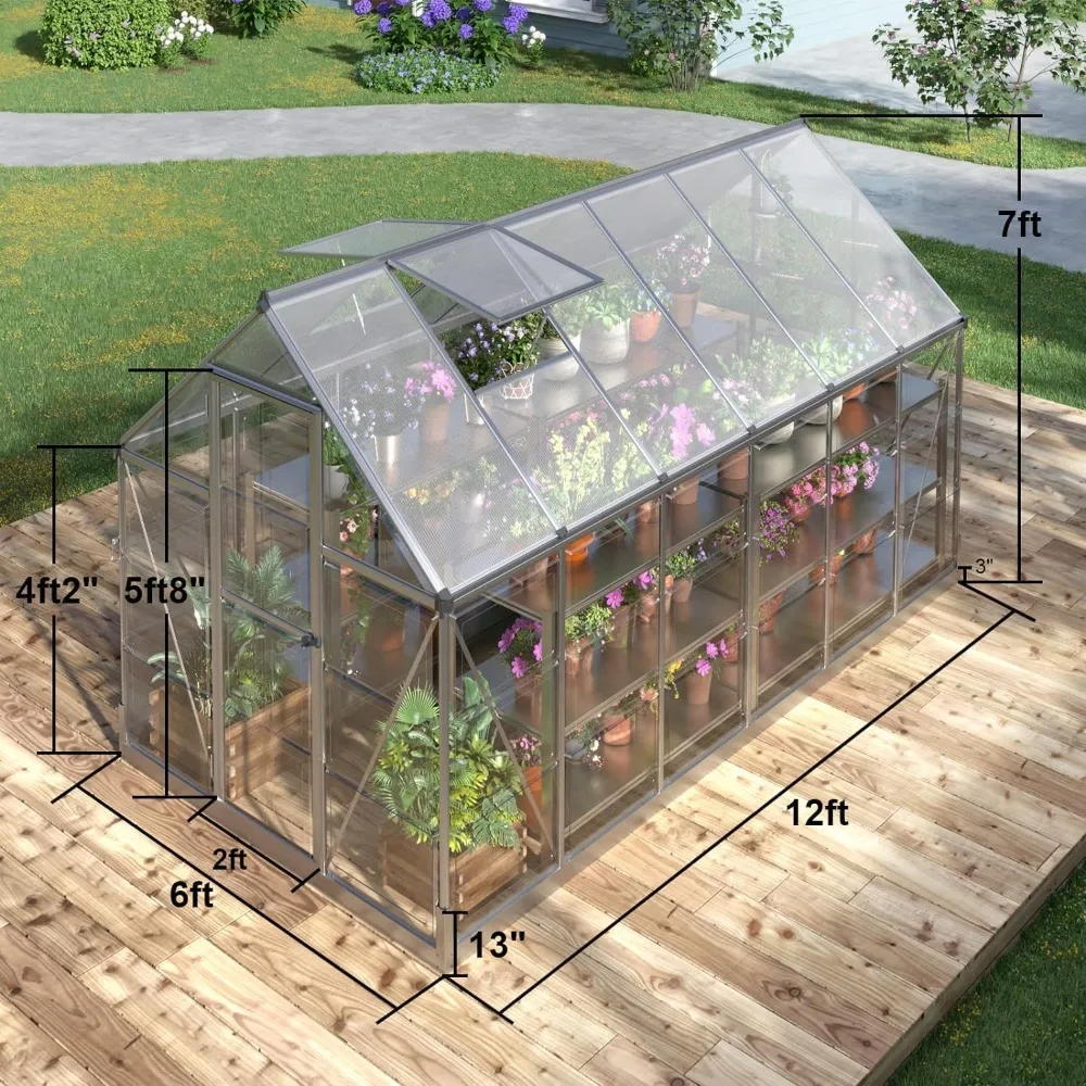 6x12 FT Greenhouse with 2 Vent Window, Lockable Hinged Door, Outdoor Aluminum Hybrid Polycarbonate Greenhouse