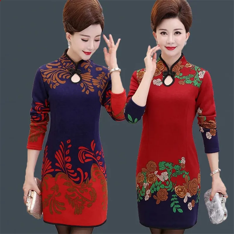 

Middle-aged Elderly Women Long Sleeve Dress Autumn Winter Add Velvet Warm Cheongsam Dress Mother Elegant Print Vestidos XL-5XL