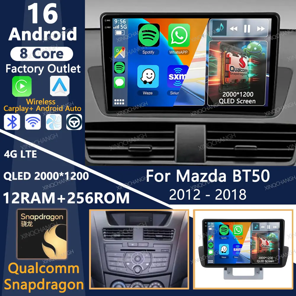 Android 16 Car Radio For Mazda BT50 2012 2013 - 2018 Multimedia Stereo Video Player 4G WIFI GPS QLED Head Unit BT Carplay Auto