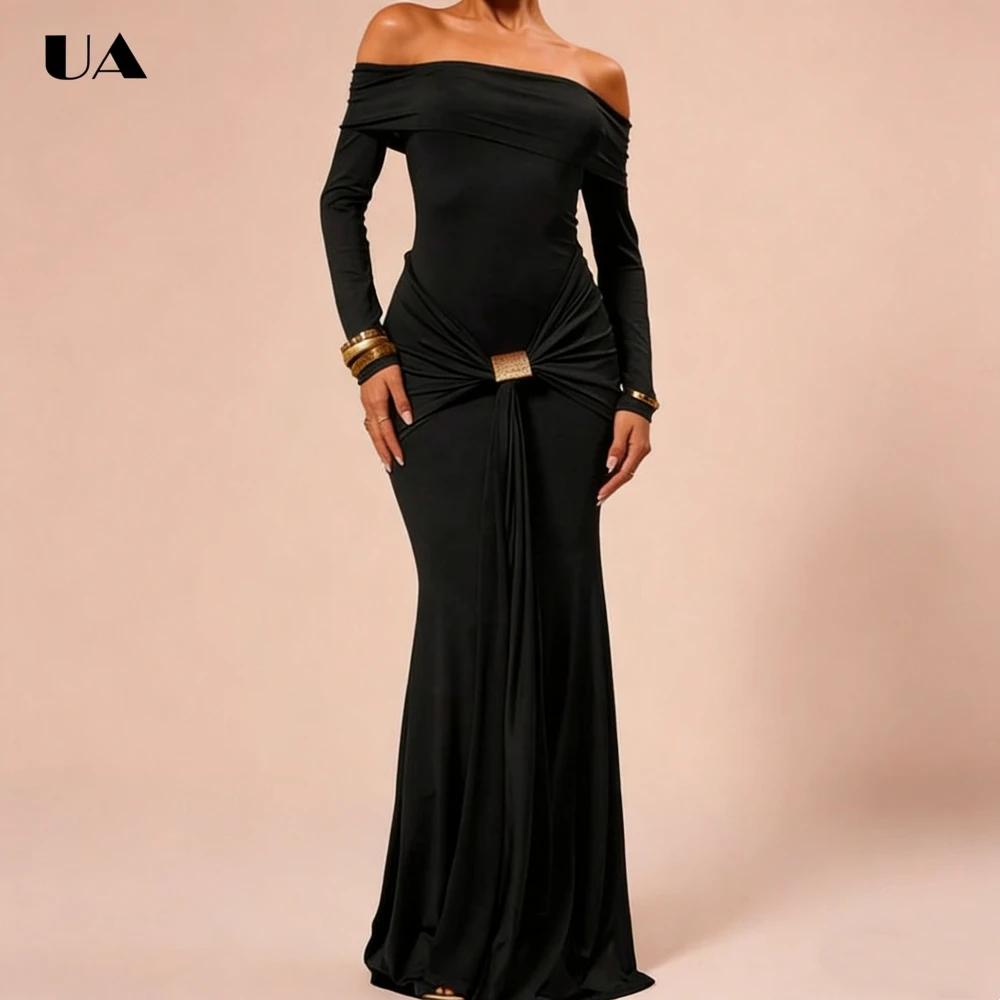 

Trendy Slash Neck Maxi Dress with Long Sleeve, Elegant Mermaid Long Dress for Woman, Fashionable Draped Cocktail Party Dress