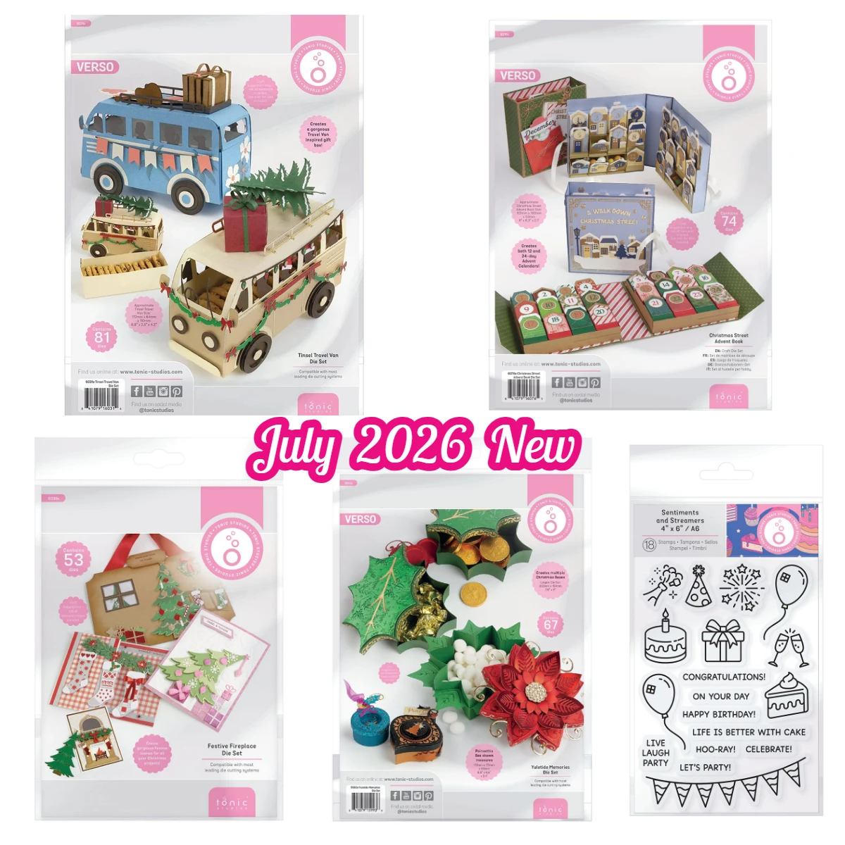 2026 July New Tonic Dies & Stamps, Xmas Camper Van/Street Shop/Fireplace/Holly Ornament, Birthday Clear for Card Scrapbook Craft