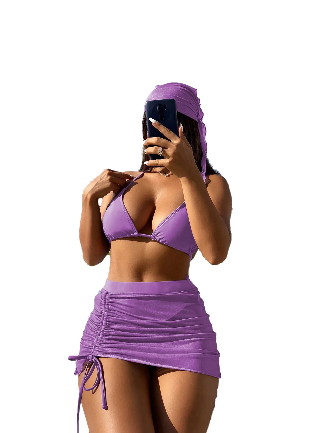 

2026 Sheer Mesh Bikini Set 3 Piece Swimset Solid Color Beach Cover-Up Swimsuit for Women Vacation Swimwear Set Holiday Beachwear