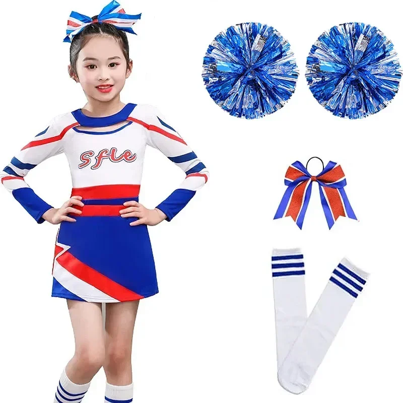 Boy Girl Cheerleading Uniform Set Dance Longsleeve Children Colorblock Patch Style Rehearsal Party Competition Roleplay Team