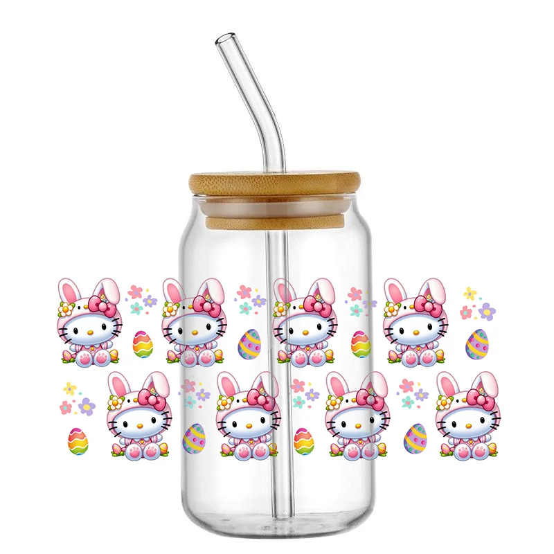 Miniso Kitty pegatina de transferencia UV DTF de dibujos animados, calcomanías personalizadas resistentes a altas temperaturas, bricolaje, tazas de vidrio de 16Oz