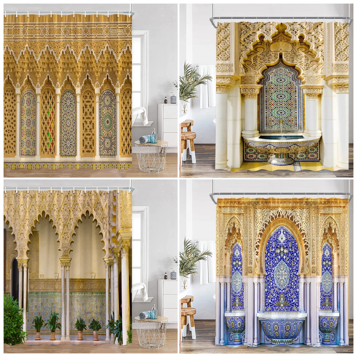 

Vintage Moroccan Shower Curtain Ethnic Style Floral Art Retro Architecture Door Bathroom Curtain Polyester Home Decor with Hooks