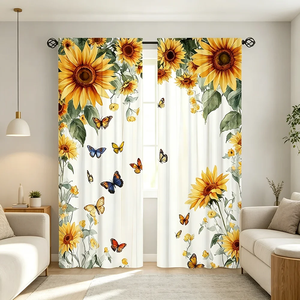 2PCS Digital Printed Curtains, Colorful Butterfly Sunflower Vibrant, Rod Pocket Window Drapes for Living Room Bedroom Decor