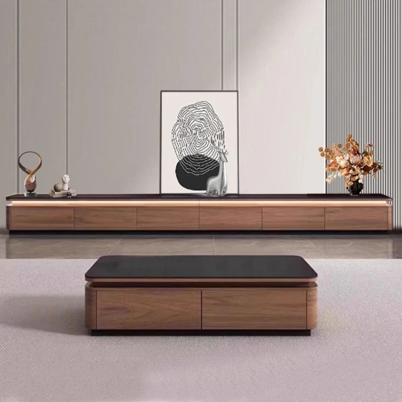 *New Customized Table Cabinet with ambient light Mueble Para Tv Retractable Home Furniture modern Solid Wood Rock Slab TV Cabine