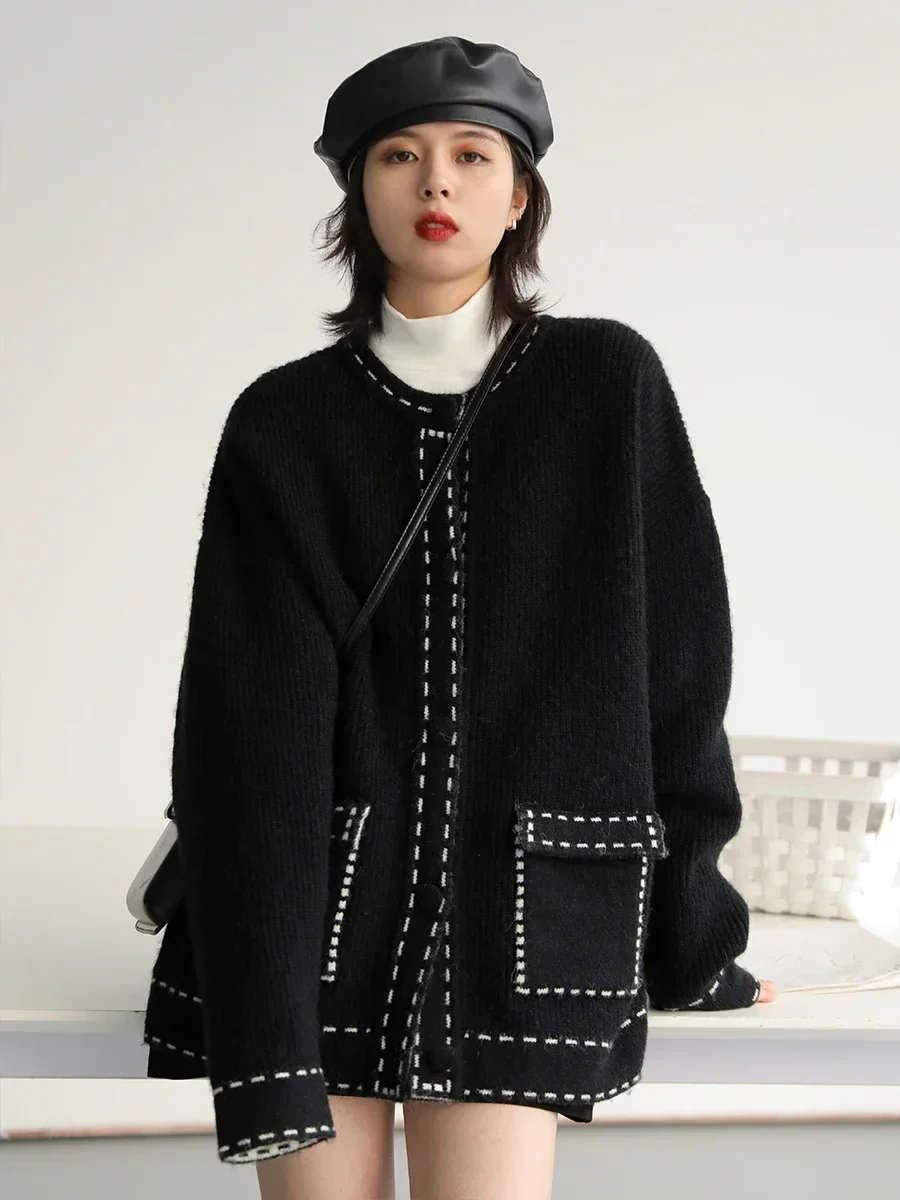 CHIC VEN Korean Fashion New Year Knit Vintage Loose Contrast Quilted Sweater Knitwears Female Tops Woman Autumn Winter 2024