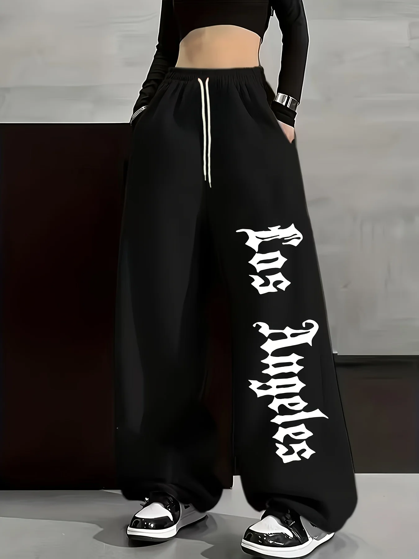 Women's Kids Spring Summer Jogger Pants - Casual Loose Fit with Drawstring Waist, Geometric Pattern, Black, Perfect