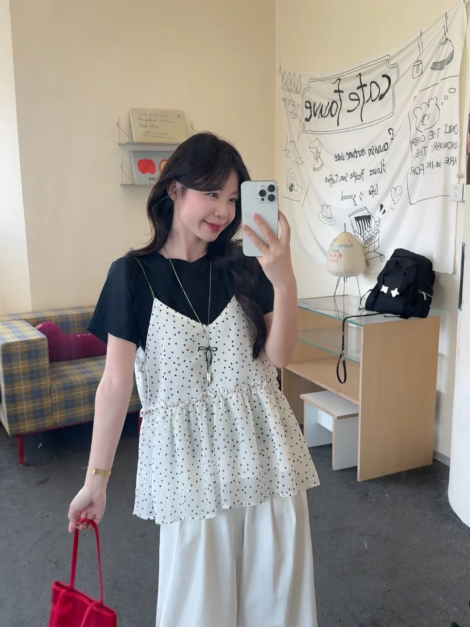 

plus Size Fashion Set Summer New Korean Polka Dot Strap Vest Overlap Short Sleeve T-Shirt Top Women's Clothing Ensemble