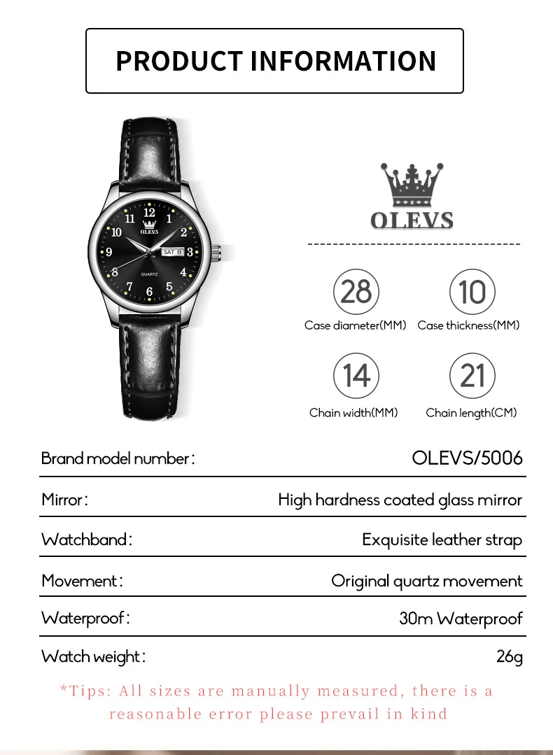 OLEVS Original Waterproof Leather Strap Simple Elegant Casual Women\'s Watch Luminous Calendar Luxury Fashion Quartz Women Watch