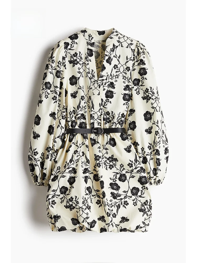 H&M Floral Print Dr with Belt And Bubble Hem Casual Sle Cotton A-Line Skirt ort Length V-Ne Spring Summer 2025
