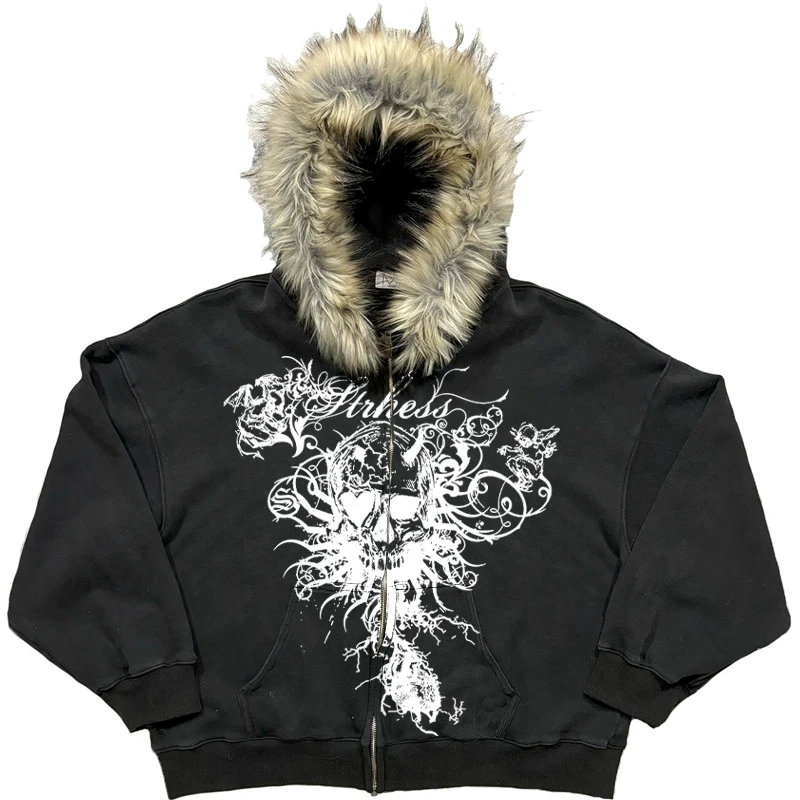 

American retro Y2k Gothic millennium thick warm fur collar hooded sweater lazy cardigan plush couple autumn and winter coat