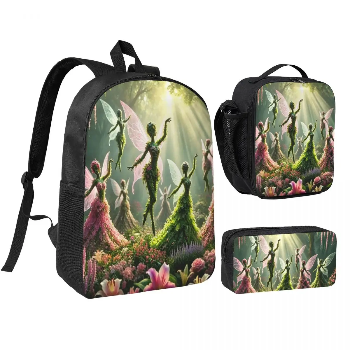 Flower Fairies Dancing Backpack Student BookBag School Bag Shoulder Bags 3ps Insulated Lunch Bag Pencil Case
