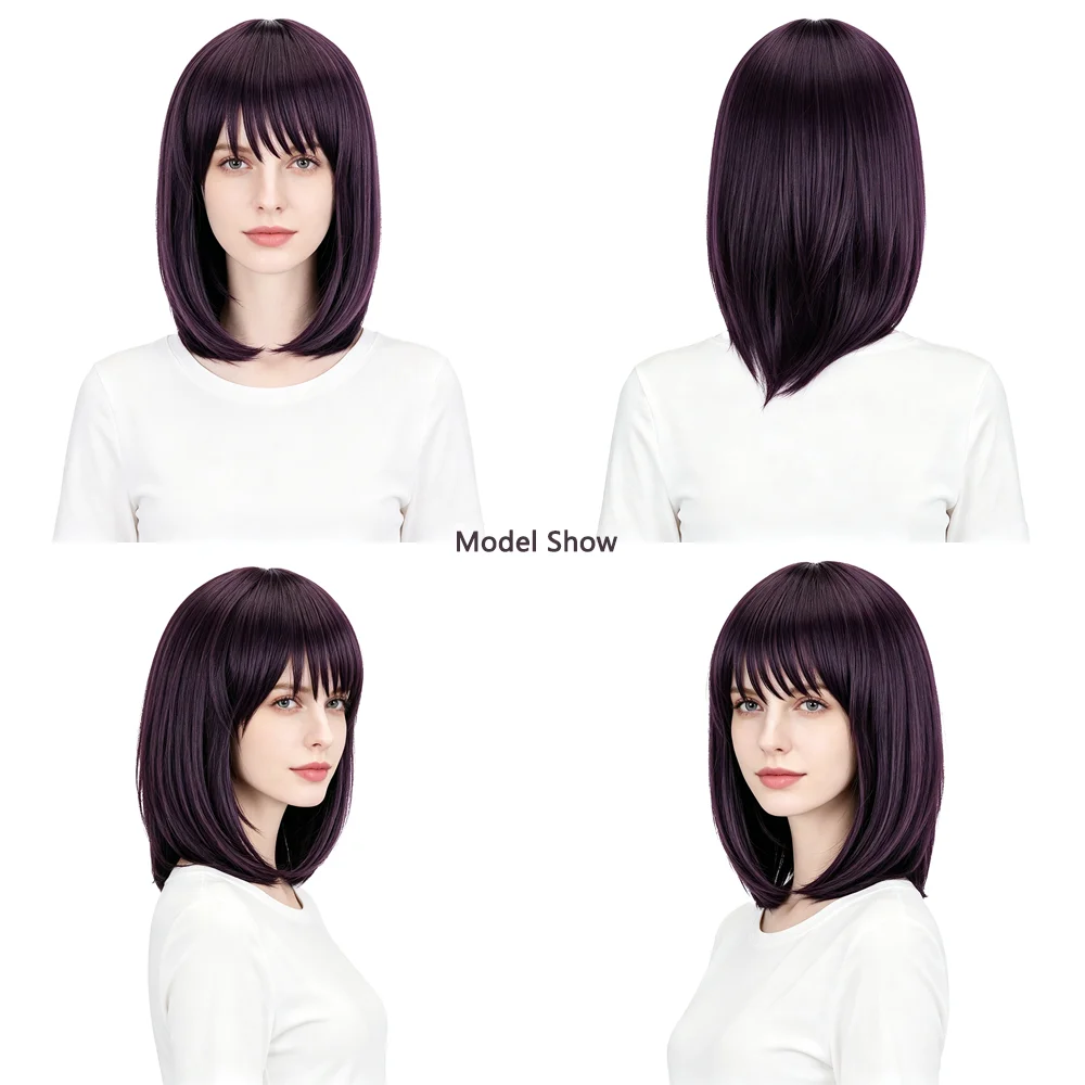 Dark Plum Purple Short Bob Cosplay Wig Straight Bangs Natural Inward Heat Resistant Wig For Anime Comic Con Halloween Party