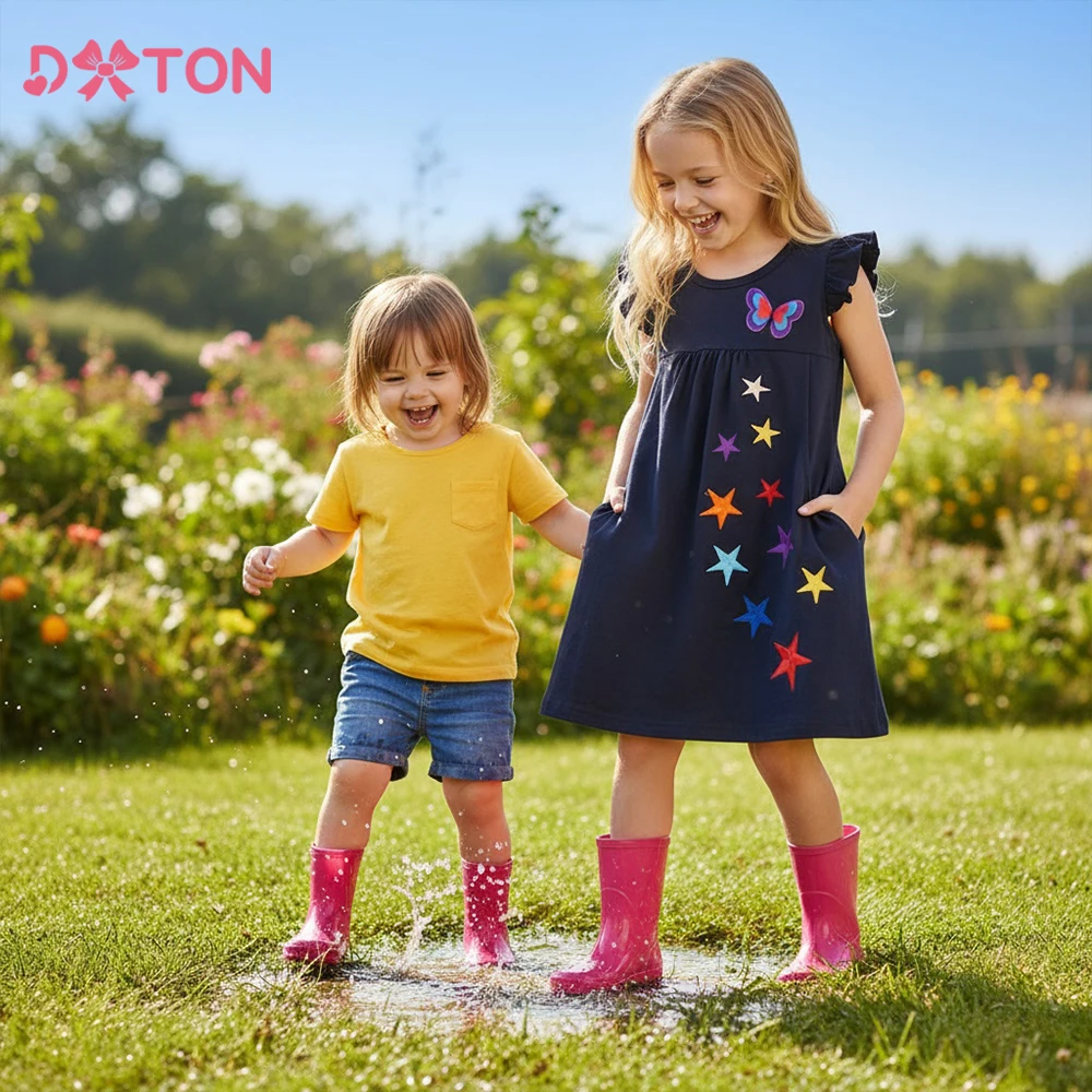 DXTON Lässiges Kinderkleid mit Tasche, Baumwolle, gerade, Kinder-A-Linien-Kleider, Schmetterlings-Stern-Applikation, Mädchen, tägliche Außenkleidung