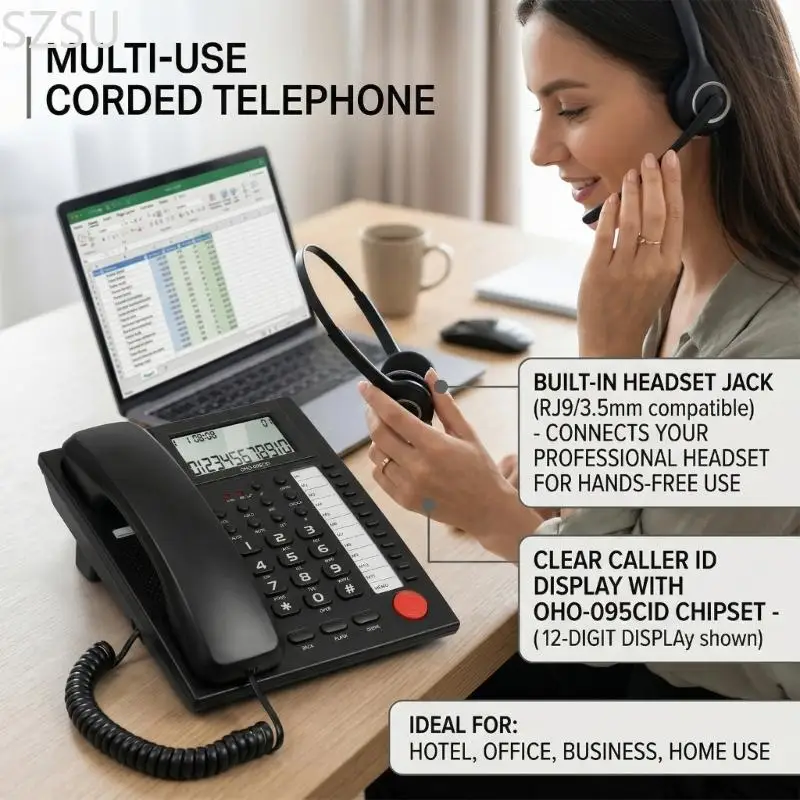 SZSU Caller Identification Enabled Corded Desk Phone With Large Button And Headphone Socket