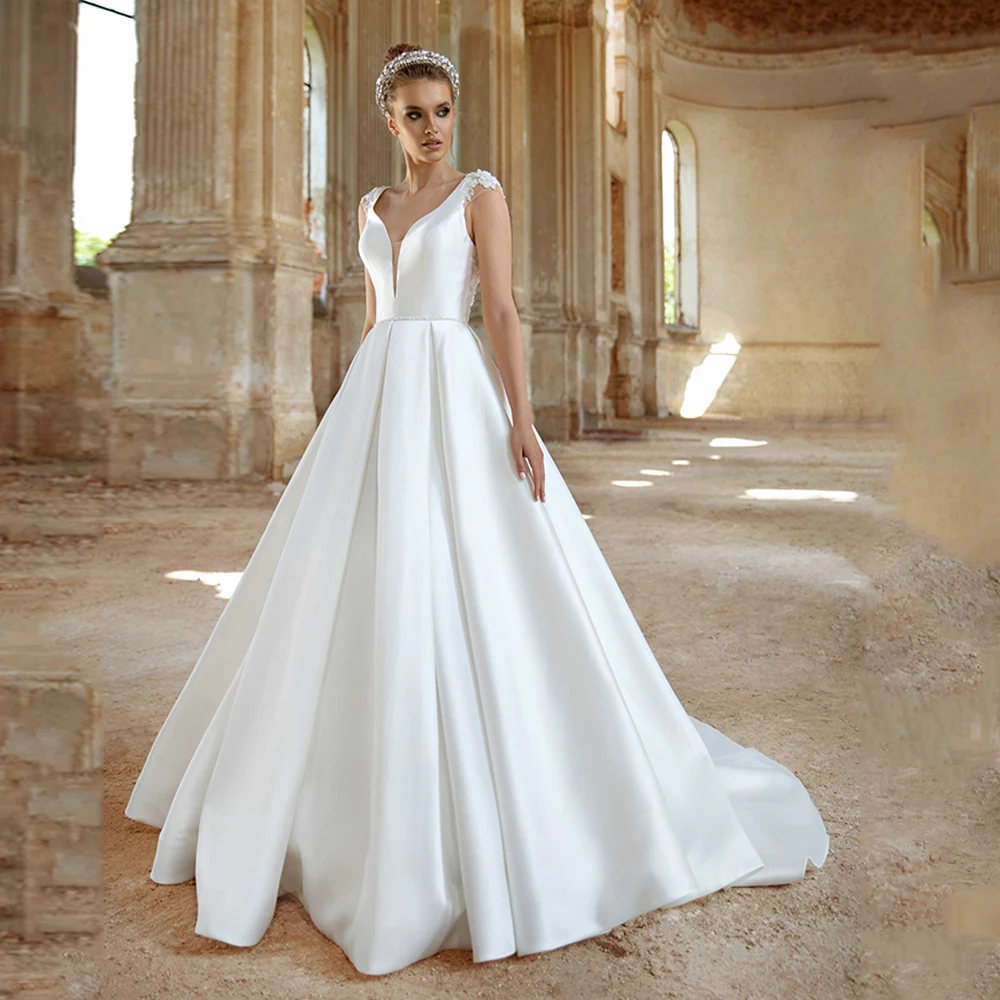 Jiayigong Satin Wedding Dress New Arrival Cap Sleeve V Neck Beading Belt Illusion Back A Line Vestido de novia Bridal Dresses
