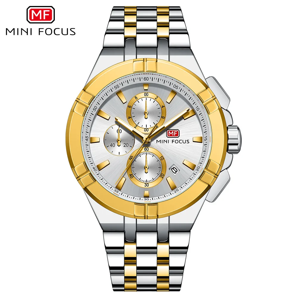 MINI FOCUS 0471 Men Quartz Watch Silvery Gold Stainless Steel Chronograph Date Luminous Waterproof Wristwatch for Male