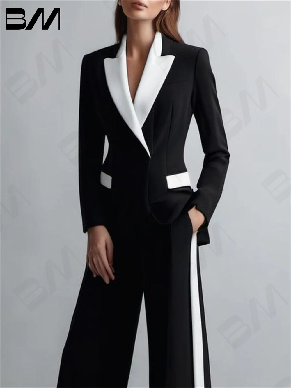 Sexy V-Neck Suits for Women, Classic Black and White Suits, Wedding Suits, Formal Office Suits, 2 PCs Customized