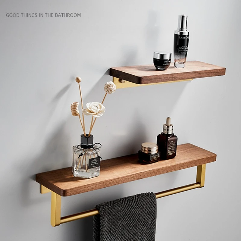 Walnut Wood Storage Shelf Bathroom Wooden Organiser Wall-Mounted Mirror Shelf Straight Gold-Finish Shelving Unit