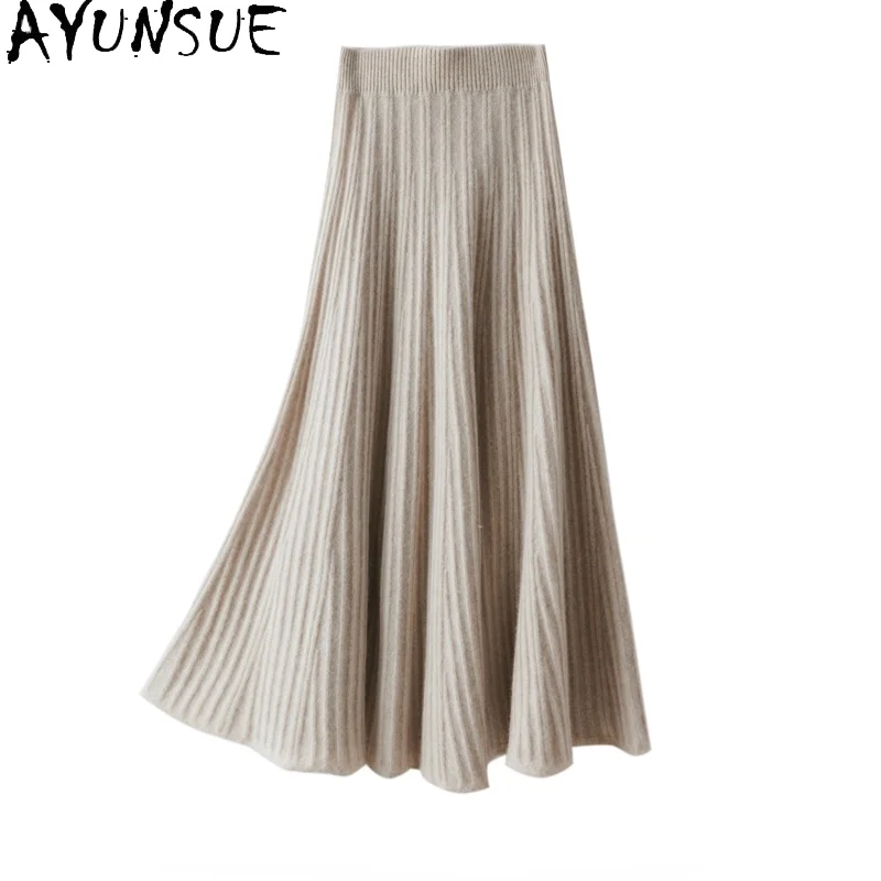 AYUNSUE Autumn Winter Real Wool Skirt Women's Knitted High Waist Cashmere Elegant Skirts Korean Fashion Jupe Longue Femme 1372