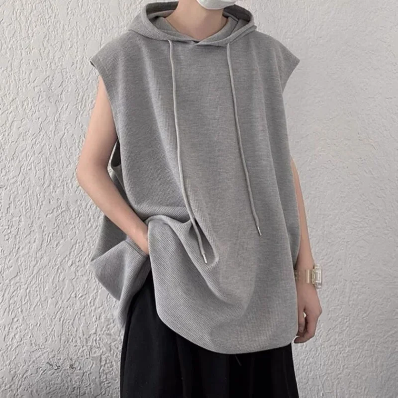 Men Summer sleeveless tops Hooded T Shirt Waffle Design Sense Sleeveless T-shirt Streetwear Casual Solid Loose Hooded Tank