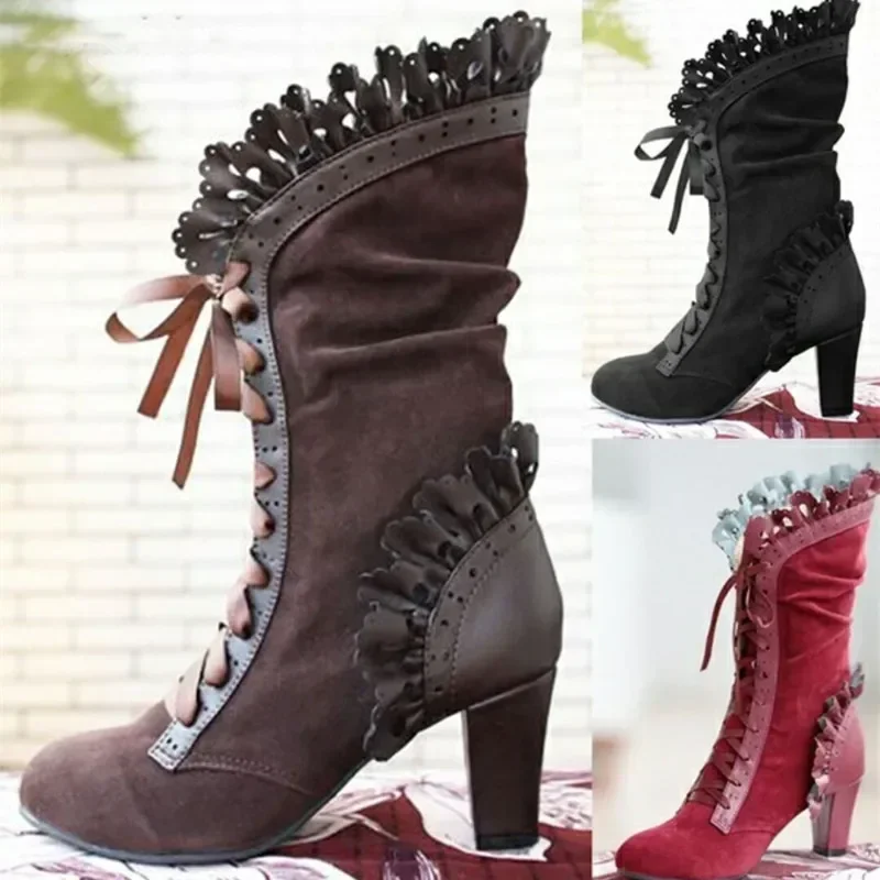 

Womens Thick Heel Knight Boots Lolita High Heel Lace Front Lace Up Boot Plus Size Retro Medieval PU Leather Suede Woman Shoe