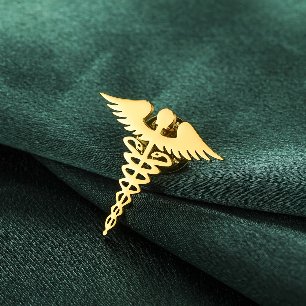 Dawapara Brosche mit Caduceus-Symbol, medizinisches Symbol, Zubehör, Reisende, Talisman, Abschlussgeschenk, Edelstahl-Schmuck – Detail 16